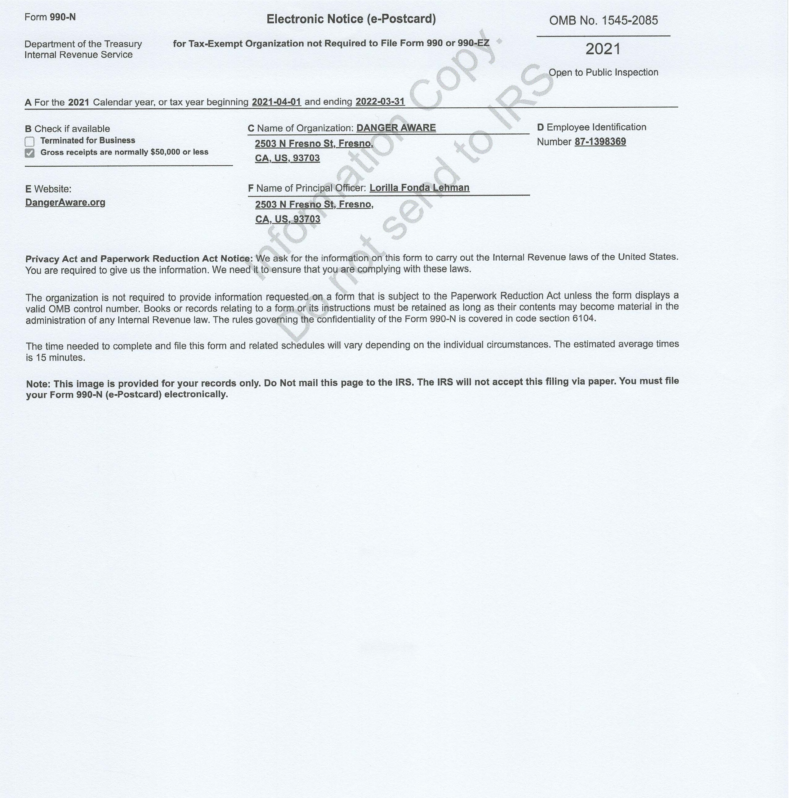 Tax Filing for 2021, Danger Aware made less than $50,000 in our first year.